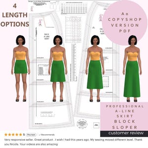 Puede incluir: Un patrón de costura digital para un patrón base de falda en A profesional. La imagen muestra cuatro opciones de largo, con modelos que visten un top amarillo y una falda verde. El texto incluye "4 LENGTH OPTIONS" y "Ao COPYSHOP VERSION PDF".