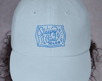Sleepy Girl Club Dad Hat, Baseball Hat with Embroidery, Original artwork baseball hat, Pink, Blue and Black Adjustable Cap