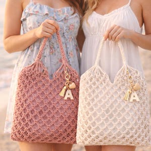 Macrame Tote Bag with Tassel Charm: Boho Cotton Beach Shoulder Bag, Personalized Bridal Party Tote Bags Gift Bags for Girls