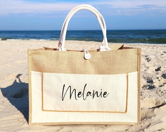 Personalized Burlap Beach Tote Bag, Girls Trip Gift