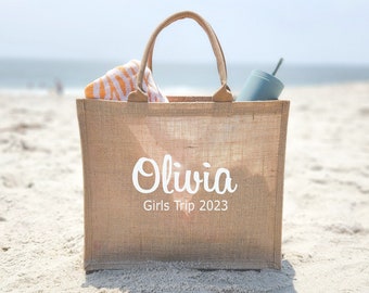 Burlap Tote Bag, Beach Bag, Girls Trip Gift, Bridesmaid Beach Bag, Beach Bag with Name, Birthday Party Bags, Tote Bags, Bachelorette Bags