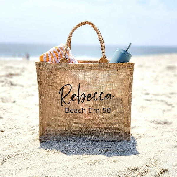 Personalized 50th Birthday Burlap Tote Bag: Beach Trip Gift Custom Gift for Her