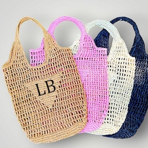 Personalized Raffia Beach Tote Bag: Handwoven Initial Straw Bag