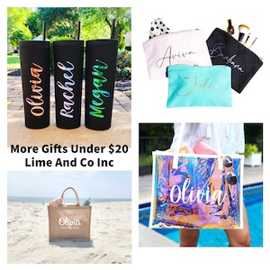May include: A collection of personalized gifts, including black tumblers with names in colorful script, cosmetic bags, a jute tote bag, and a holographic tote bag. The text "More Gifts Under $20" and "Lime And Co Inc" are also visible.