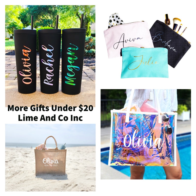 May include: A collection of personalized gifts, including black tumblers with names in colorful script, cosmetic bags, a jute tote bag, and a holographic tote bag. The text "More Gifts Under $20" and "Lime And Co Inc" are also visible.