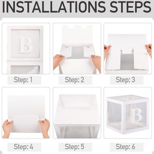 May include: Instructions for assembling a clear plastic box with a white cardboard frame. The box has a letter "B" printed on it. The steps are numbered 1 through 6.