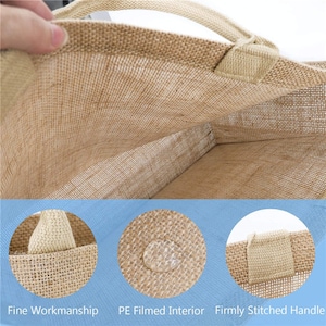May include: Close-up of a brown burlap tote bag with a PE filmed interior. The bag has a sturdy, stitched handle and a fine workmanship.