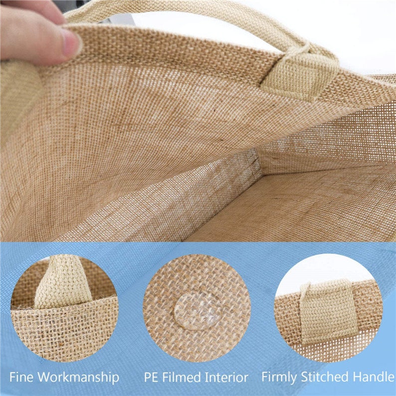 May include: Close-up of a brown burlap tote bag with a PE filmed interior. The bag has a sturdy, stitched handle and a fine workmanship.
