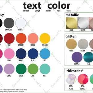 Puede incluir: Carta de colores para letras de vinilo con opciones de acabados brillantes, met&aacute;licos, brillantes e iridiscentes. Los colores incluyen negro, blanco, carb&oacute;n, burdeos, rojo, naranja, coral, amarillo, rosa intenso, rosa, azul marino, azul, cielo, morado, lila, verde, lima, menta, oro, plata y oro rosa.