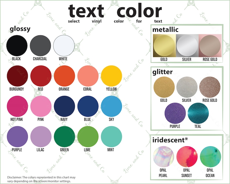Puede incluir: Carta de colores para letras de vinilo con opciones de acabados brillantes, met&aacute;licos, brillantes e iridiscentes. Los colores incluyen negro, blanco, carb&oacute;n, burdeos, rojo, naranja, coral, amarillo, rosa intenso, rosa, azul marino, azul, cielo, morado, lila, verde, lima, menta, oro, plata y oro rosa.