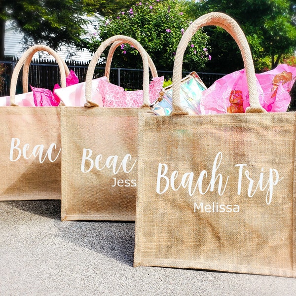 Beach Bag Personalized Girls Trip Gift Idea Ladies Cruise Trip Bags, Burlap Tote Bag for Her, Birthday Gift Bag