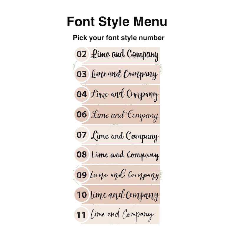 May include: A white graphic with the text "Font Style Menu" and "Pick your font style number". Below are numbered font style examples, each displaying "Lime and Company" in a different font. The font styles are on a light brown background.