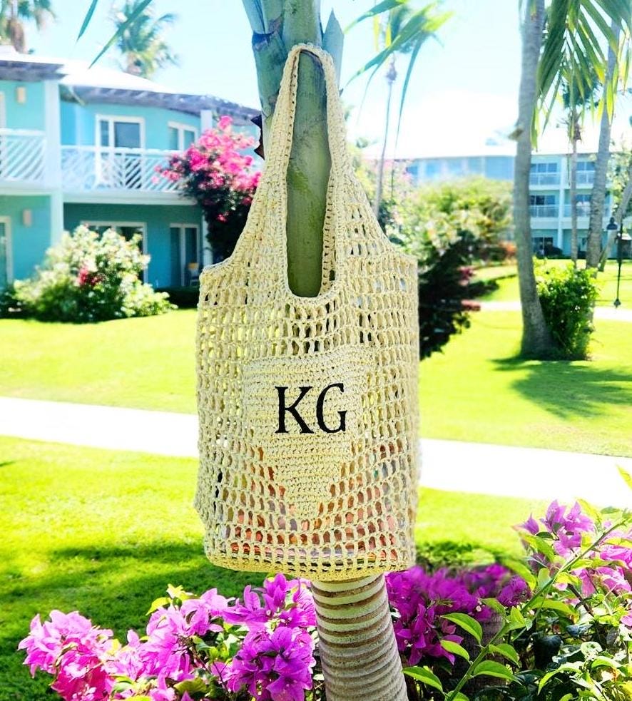 Personalized Raffia Beach Tote Bag: Handwoven Initialed Straw Bag