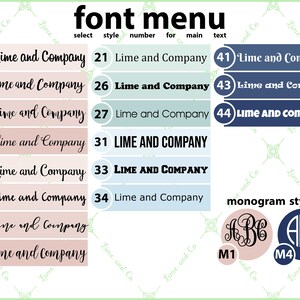 K&ouml;nnte beinhalten: Eine Tabelle mit verschiedenen Schriftarten f&uuml;r den Text "Lime and Company". Die Tabelle enth&auml;lt 12 verschiedene Schriftarten, die mit 02, 03, 04, 06, 07, 08, 09, 10, 21, 26, 27, 31, 33, 34, 41, 43 und 44 nummeriert sind. Die Tabelle enth&auml;lt auch zwei Monogrammstile, M1 und M4.