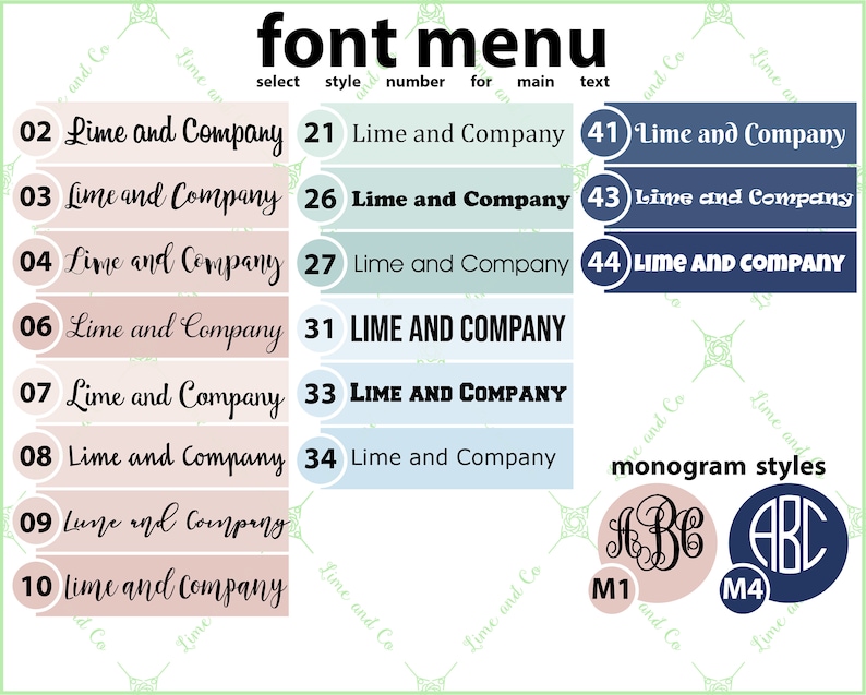 K&ouml;nnte beinhalten: Eine Tabelle mit verschiedenen Schriftarten f&uuml;r den Text "Lime and Company". Die Tabelle enth&auml;lt 12 verschiedene Schriftarten, die mit 02, 03, 04, 06, 07, 08, 09, 10, 21, 26, 27, 31, 33, 34, 41, 43 und 44 nummeriert sind. Die Tabelle enth&auml;lt auch zwei Monogrammstile, M1 und M4.