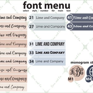 May include: A chart with different font styles for the text "Lime and Company" and monogram styles. The font styles are numbered 02, 03, 04, 06, 07, 08, 09, 10, 11, 21, 27, 31, 33, 34, 41, and 43. The monogram styles are numbered M1 and M4.