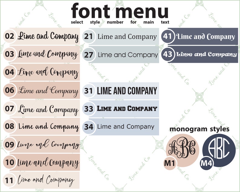 May include: A chart with different font styles for the text "Lime and Company" and monogram styles. The font styles are numbered 02, 03, 04, 06, 07, 08, 09, 10, 11, 21, 27, 31, 33, 34, 41, and 43. The monogram styles are numbered M1 and M4.