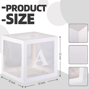May include: A white, clear plastic cube box with a letter A printed on the front. The box is 12 inches wide, 12 inches long, and 12 inches high.