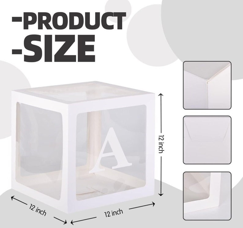 May include: A white, clear plastic cube box with a letter A printed on the front. The box is 12 inches wide, 12 inches long, and 12 inches high.