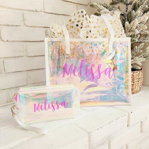 Tote and Pouch Personalized Gift Bachelorette Beach Bag Beach Bag Girls Trip Gift Bachelorette Party Favor Holographic Bag Girls Weekend Bag