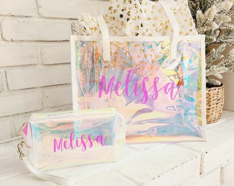 Tote and Pouch Personalized Gift Bachelorette Beach Bag Beach Bag Girls Trip Gift Bachelorette Party Favor Holographic Bag Girls Weekend Bag