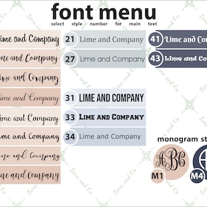 Puede incluir: Un gr&aacute;fico con diferentes estilos de fuente para el texto "Lime and Company" en varios tama&ntilde;os y colores. El gr&aacute;fico tambi&eacute;n incluye estilos de monogramas con las letras "ABC" en diferentes fuentes y colores.