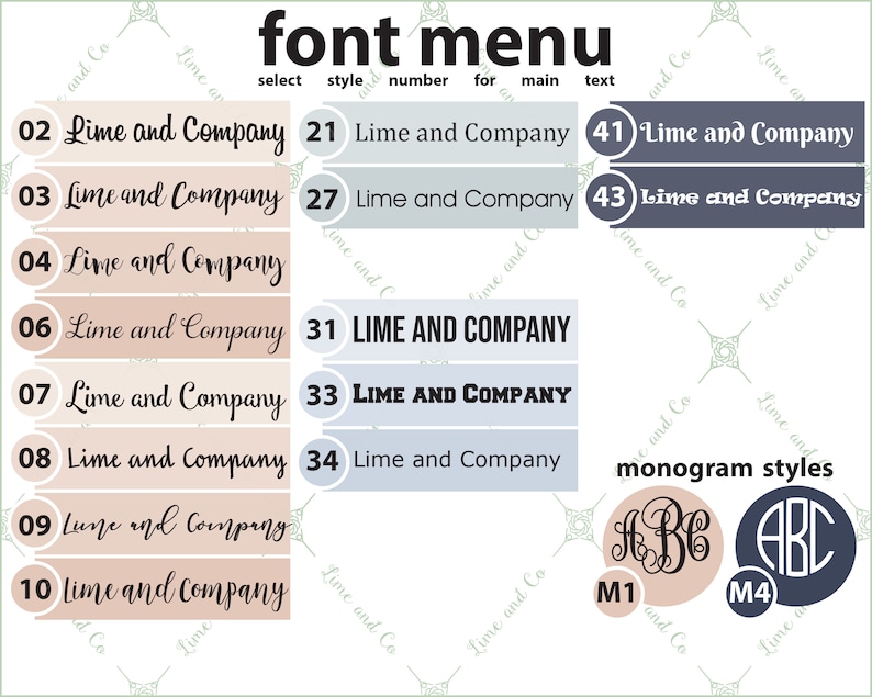 Puede incluir: Un gr&aacute;fico con diferentes estilos de fuente para el texto "Lime and Company" en varios tama&ntilde;os y colores. El gr&aacute;fico tambi&eacute;n incluye estilos de monogramas con las letras "ABC" en diferentes fuentes y colores.