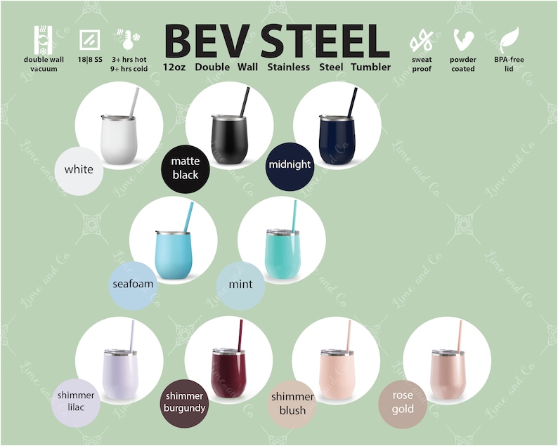 Puede incluir: Un juego de vasos de acero inoxidable de doble pared de 12 onzas en varios colores, que incluyen blanco, negro, azul medianoche, verde espuma de mar, verde menta, lila brillante, burdeos brillante, rubor brillante y oro rosa. Los vasos son a prueba de sudor, recubiertos de polvo y tienen tapas libres de BPA.