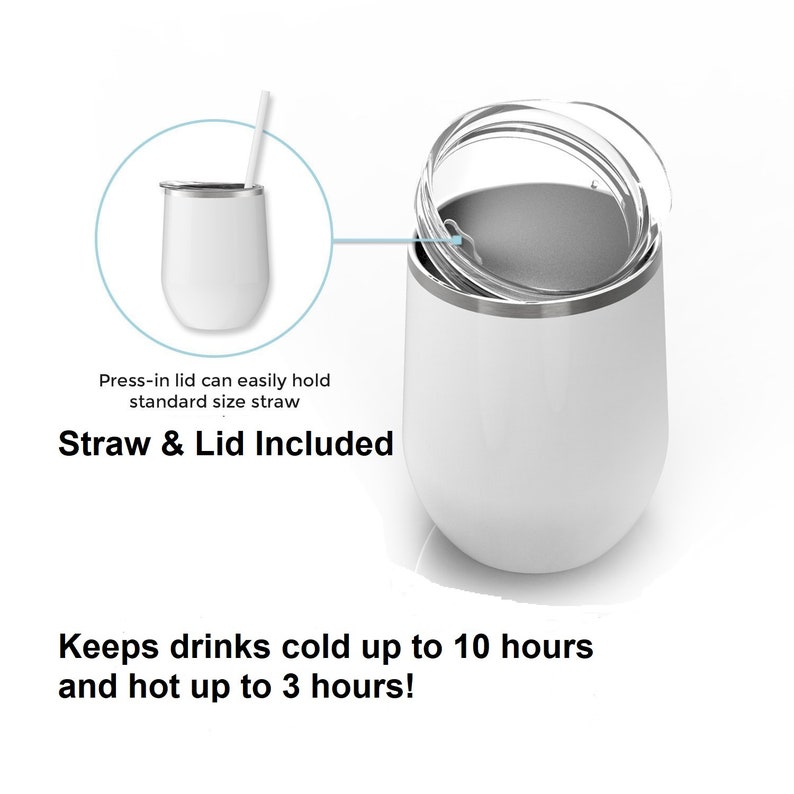 Puede incluir: Un vaso de vino de acero inoxidable blanco con tapa y pajita. El vaso mantiene las bebidas fr&iacute;as hasta 10 horas y calientes hasta 3 horas.
