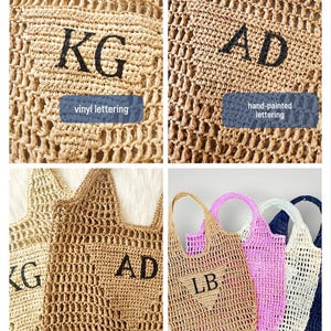 May include: Four crocheted tote bags with personalized lettering. Two bags are beige with black lettering, one is pink with black lettering, and one is white with black lettering. The bags are made of a woven material and have a simple design.