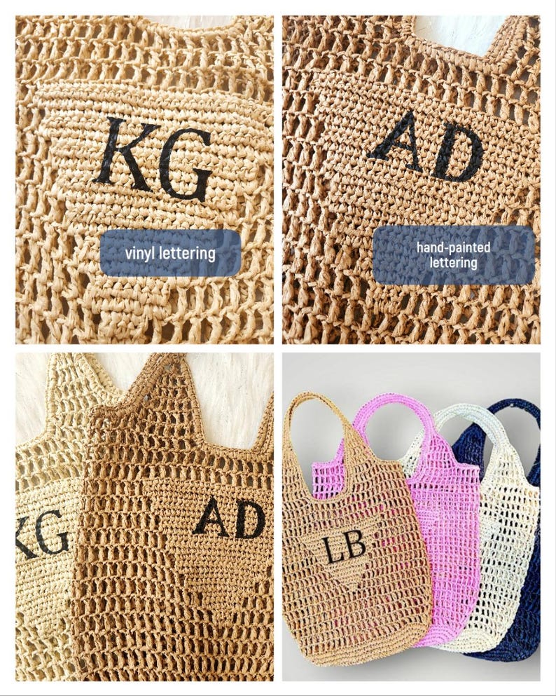 May include: Four crocheted tote bags with personalized lettering. Two bags are beige with black lettering, one is pink with black lettering, and one is white with black lettering. The bags are made of a woven material and have a simple design.