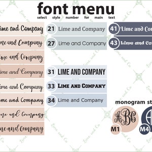 K&ouml;nnte beinhalten: Eine Tabelle mit verschiedenen Schriftarten f&uuml;r den Text "Lime and Company" in verschiedenen Gr&ouml;&szlig;en und Farben. Die Tabelle enth&auml;lt auch Monogrammstile mit den Buchstaben "ABC" in verschiedenen Schriftarten und Farben.