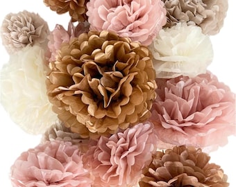 May include: A collection of tissue paper pom-poms in shades of brown, pink, and cream. The pom-poms are arranged in a cluster, creating a decorative and festive display.