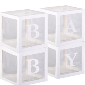 May include: Four clear plastic boxes with white frames and the letters "BABY" printed on them. The boxes are stacked in two rows of two.