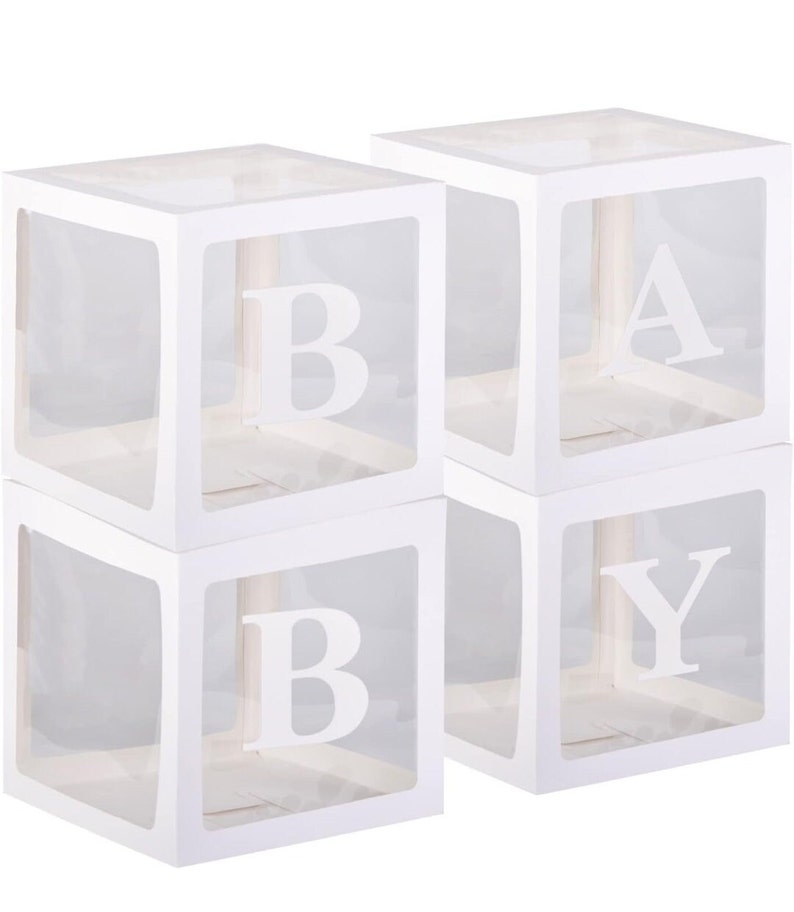 May include: Four clear plastic boxes with white frames and the letters "BABY" printed on them. The boxes are stacked in two rows of two.