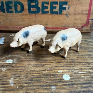 Antique German Pig Figurines: Hand-Carved Wood Folk Art Toy