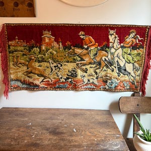Vintage Renaissance Tapestry Wall Hanging, Velvet Wall Rug with Hunting Scene Made in Italy