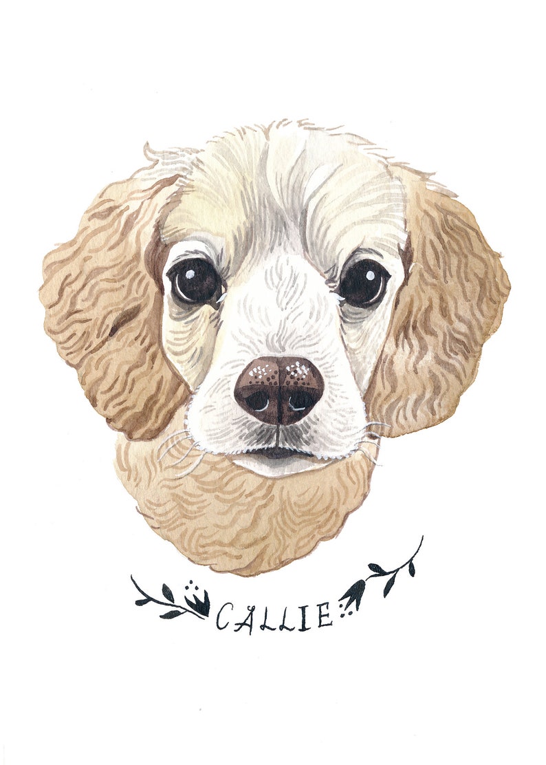 May include: Watercolor portrait of a dog with light brown fur and a white face. The dog has large, dark eyes and a brown nose. The name "CALLIE" is written below the dog in black script, with floral accents.