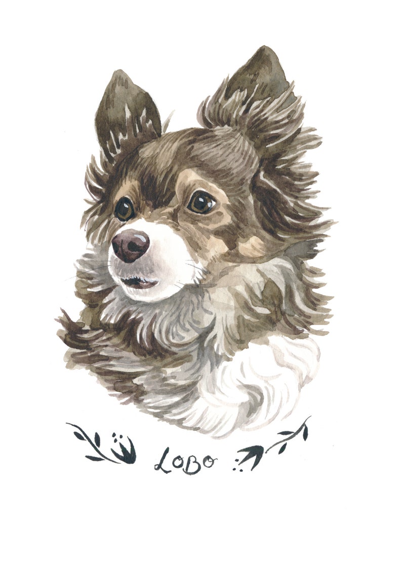 May include: Watercolor portrait of a fluffy dog with brown and gray fur, a white chest, and dark eyes. The dog's name, "Lobo," is written in cursive below the portrait, accompanied by floral accents.