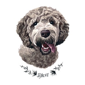 May include: Watercolor portrait of a dog with curly gray fur, a dark nose, and a pink tongue. The dog's name, "HACHI," is written in stylized script below a black floral wreath. The artwork is set against a white background.