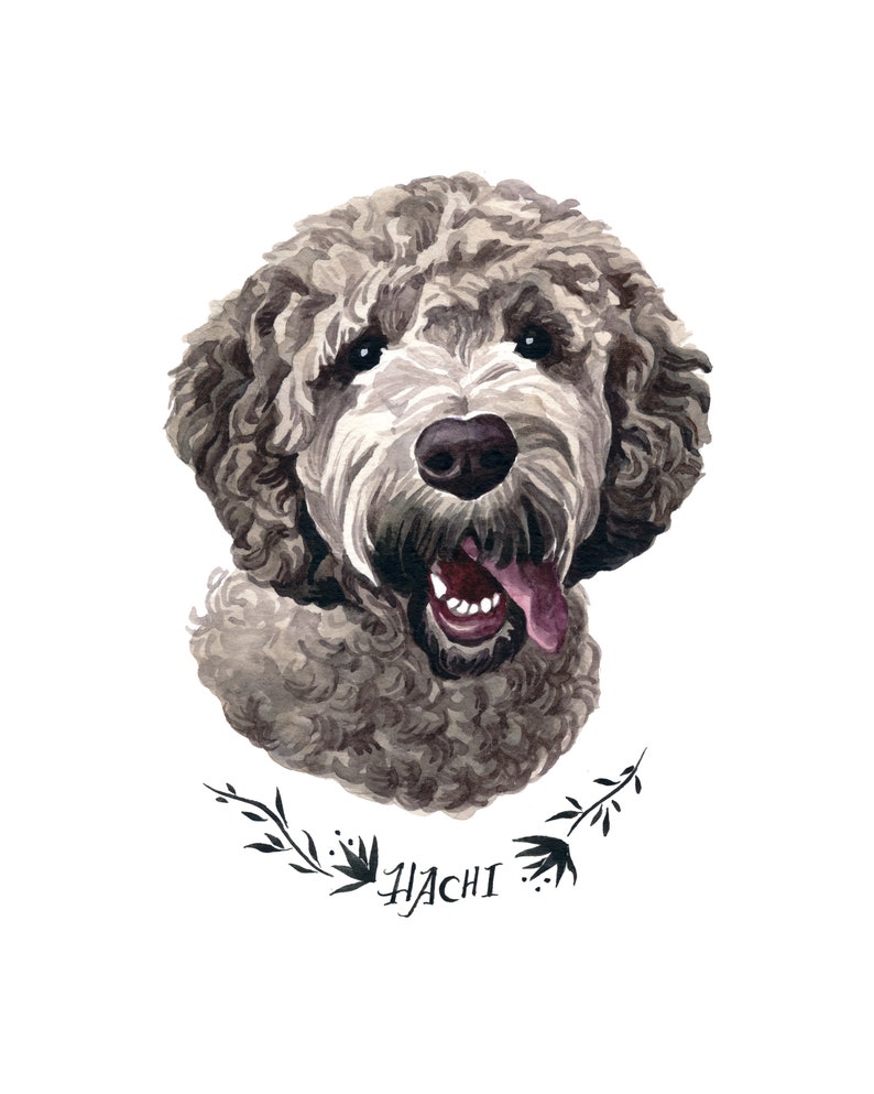 May include: Watercolor portrait of a dog with curly gray fur, a dark nose, and a pink tongue. The dog's name, "HACHI," is written in stylized script below a black floral wreath. The artwork is set against a white background.