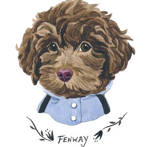 May include: Watercolor portrait of a brown dog with curly fur, wearing a light blue jacket with black stripes. The dog has brown eyes and a pink nose. The name "FENWAY" is written below the dog in black script.