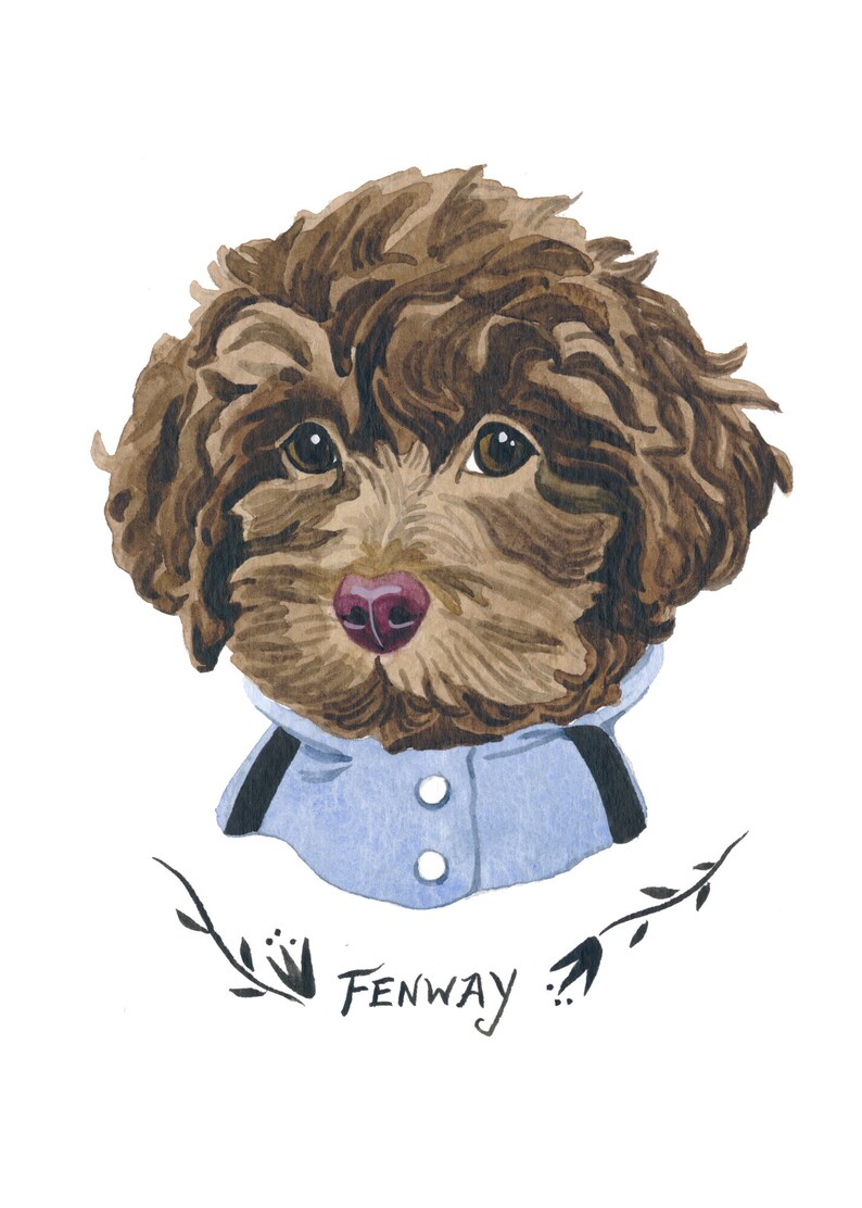 May include: Watercolor portrait of a brown dog with curly fur, wearing a light blue jacket with black stripes. The dog has brown eyes and a pink nose. The name "FENWAY" is written below the dog in black script.