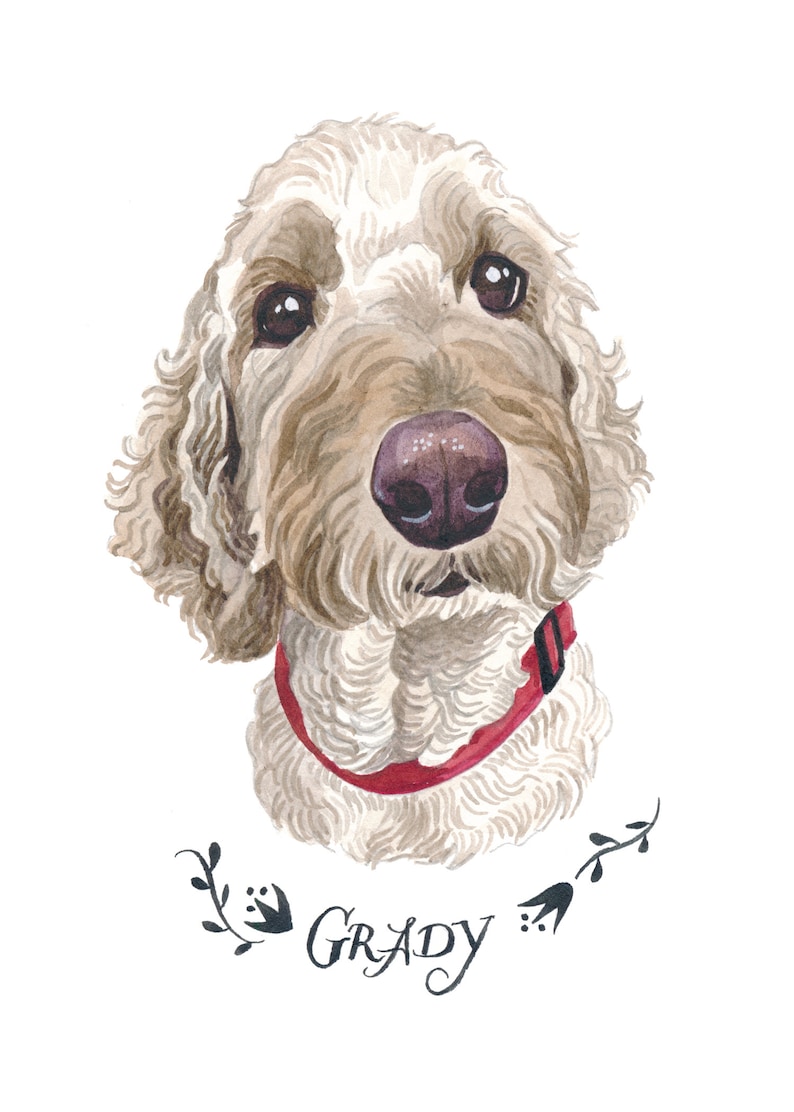 May include: Watercolor portrait of a dog with light brown fur, a red collar, and a dark pink nose. The dog's name, "Grady," is written in cursive below the portrait, with floral accents.