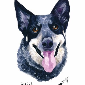 Pu&ograve; includere: Ritratto ad acquerello di un cane con pelo nero e grigio, occhi marroni e lingua rosa. Il cane sorride e il nome "Finnegan" &egrave; scritto sotto la testa del cane in un carattere corsivo.