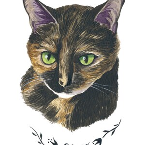 May include: Watercolor portrait of a tortoiseshell cat with green eyes. The cat has a mix of brown, black, and tan fur. The name "Sadie" is written in cursive below the cat's head, with floral accents.