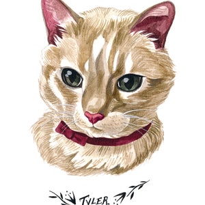 May include: Watercolor portrait of a cat with tan and white fur, green eyes, and a red collar. The cat's name, "Tyler," is written in cursive below the portrait, with decorative leaves on either side.