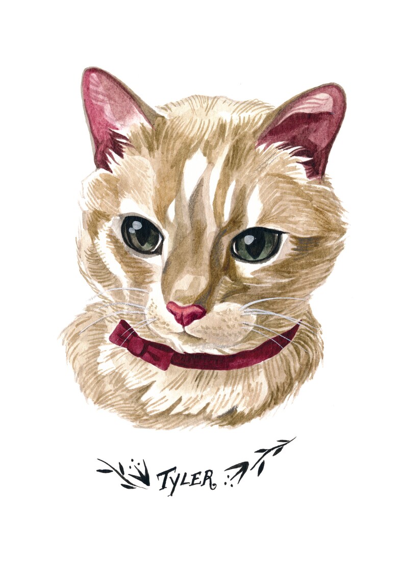 May include: Watercolor portrait of a cat with tan and white fur, green eyes, and a red collar. The cat's name, "Tyler," is written in cursive below the portrait, with decorative leaves on either side.