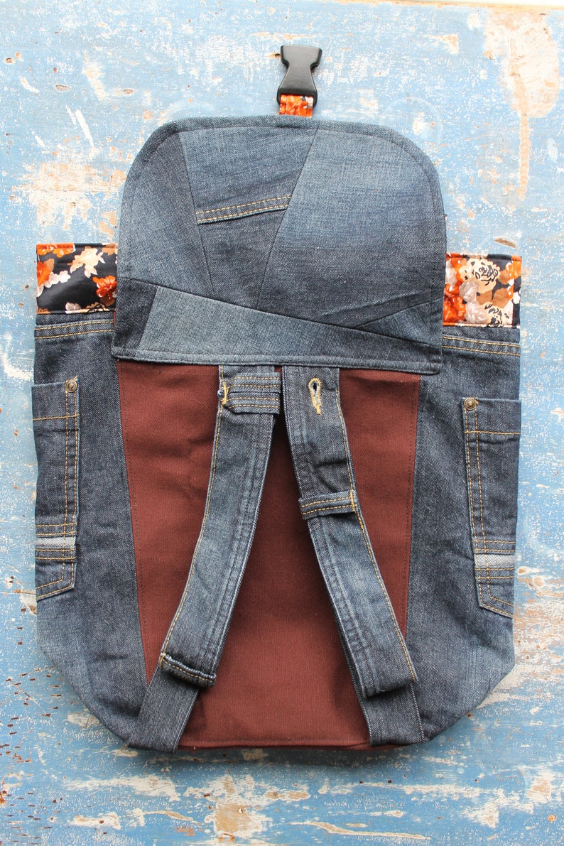 Unique Upcycled Denim Backpack With Vintage Orange Floral Etsy