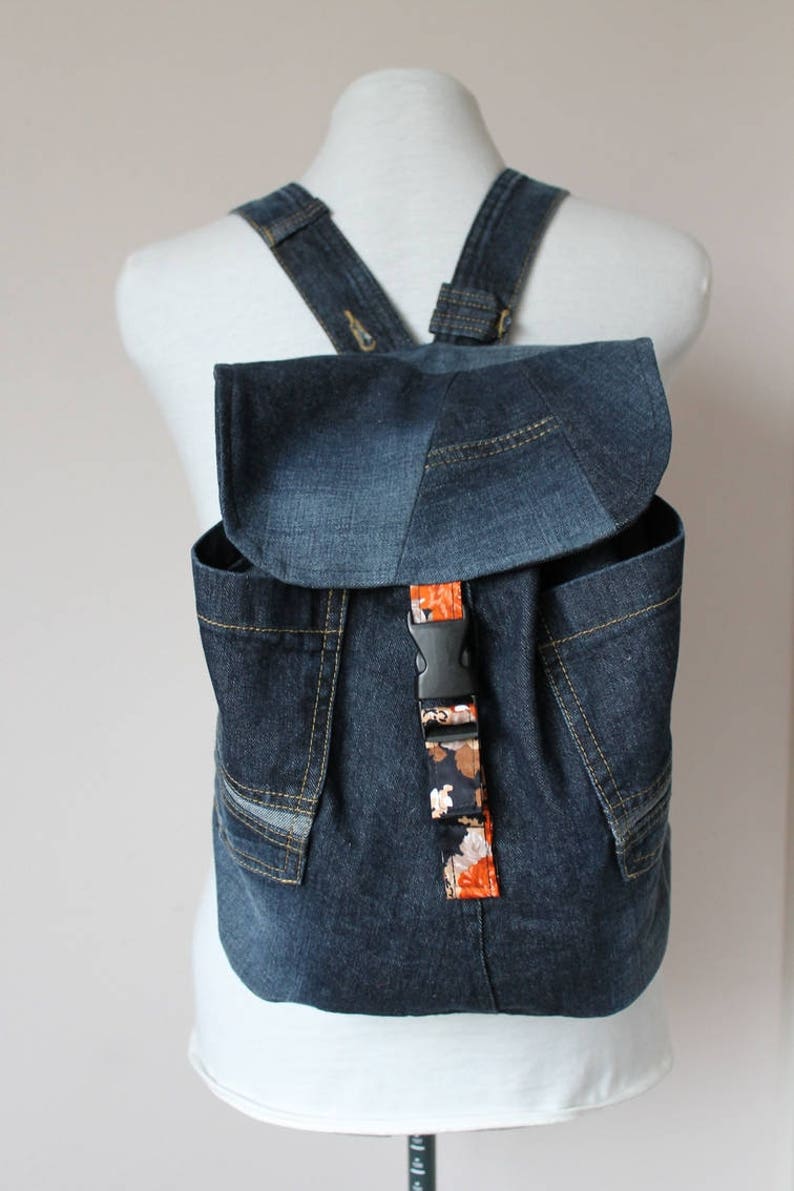 Unique upcycled denim backpack with vintage orange floral Etsy